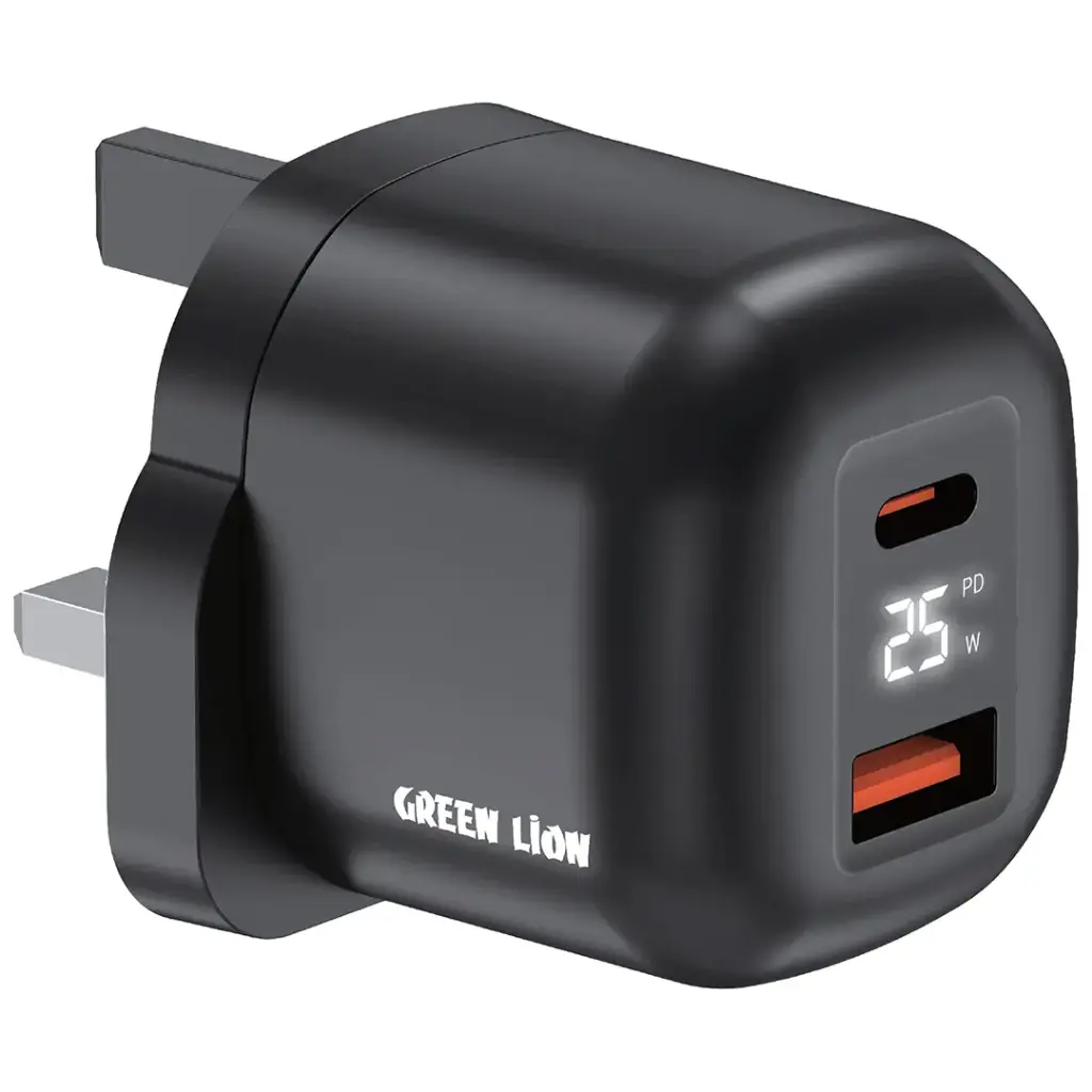 Green Lion Q-Series 25W UK Plug USB-C & USB-A - Black