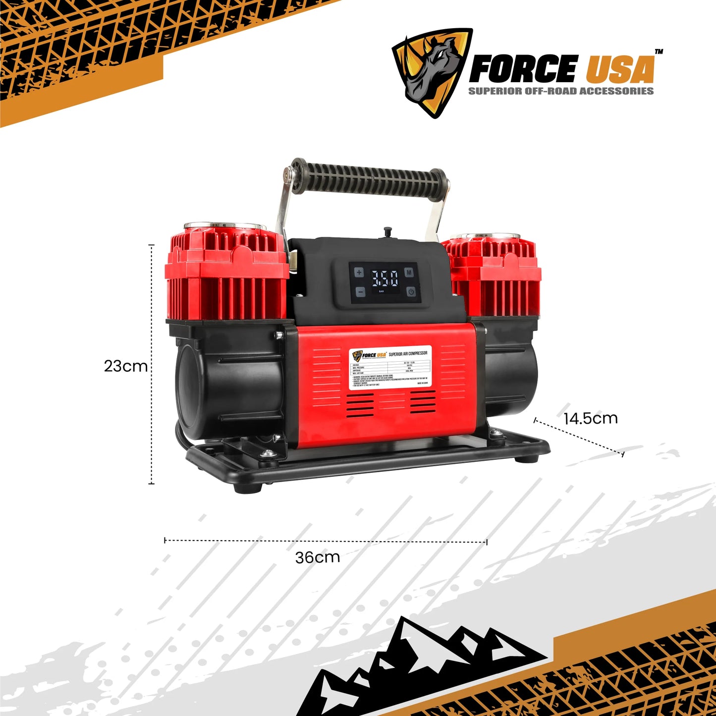 FORCE USA Digital Heavy Duty Double Cylinder Air Compressor – Red | High Power Output, Digital Display, Portable Design, Safety Features – Ideal for Off-Road, Car, and Outdoor Use - AC080