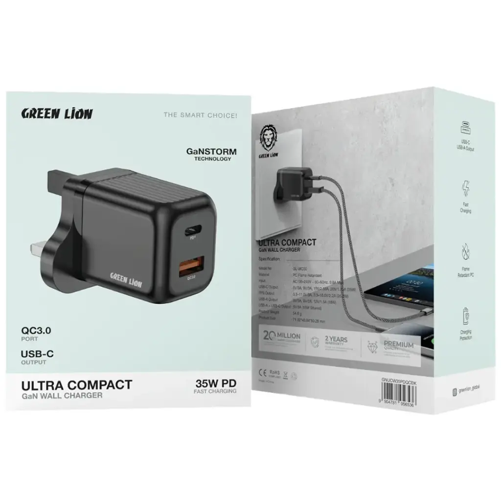 Green Lion Ultra Compact Gan Wall Charger 35W - Black
