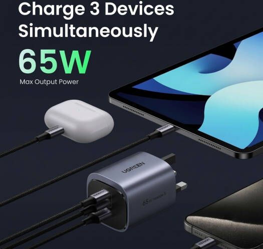 UGREEN Nexode 65W 3-Port 1A-2C PD GAN Fast Charger Gray UG.X553-45225.GY