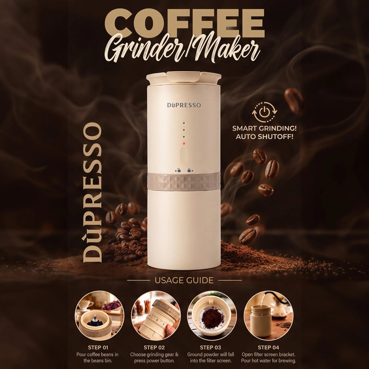 DùPRESSO by Bson Superbo 2-in-1 Coffee Grinder & Maker – 38 Grind Levels, 350ml