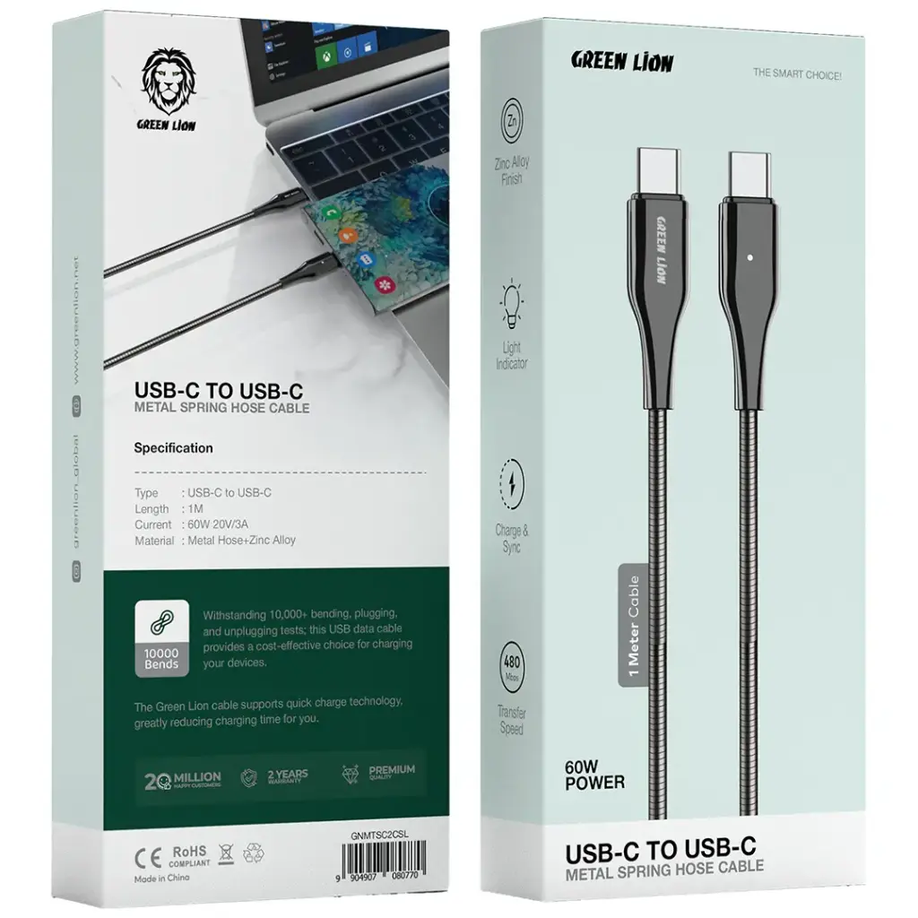 Green Lion USB-C To USB-C Metal Spring Hose Cable - Silver