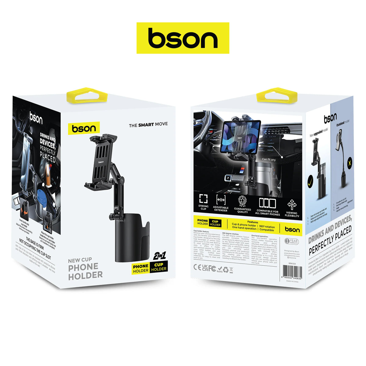 Bson New Cup Phone Holder, 2-in-1 Cup & Phone Holder, with 360° Rotation, Adjustable Extender, One-Hand Operation, Strong Clip, Universal Compatibility