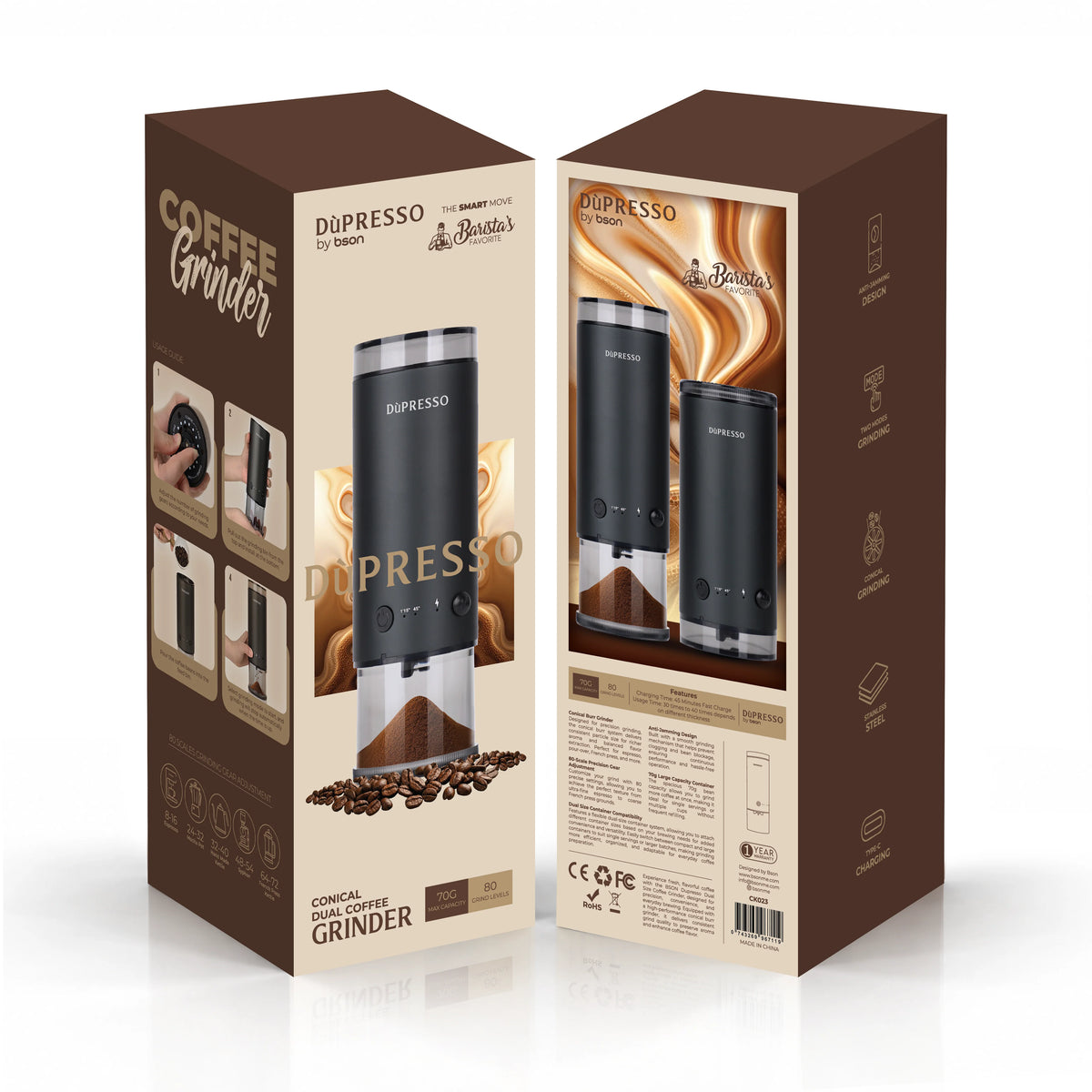 Bson DÙPRESSO Electric Conical Burr Coffee Grinder – Portable 80-Setting Burr Grinder with Type-C Fast Charging, Dual Container Compatibility (70g max capacity), Stainless Steel Burr for Espresso, Pour Over & French Press