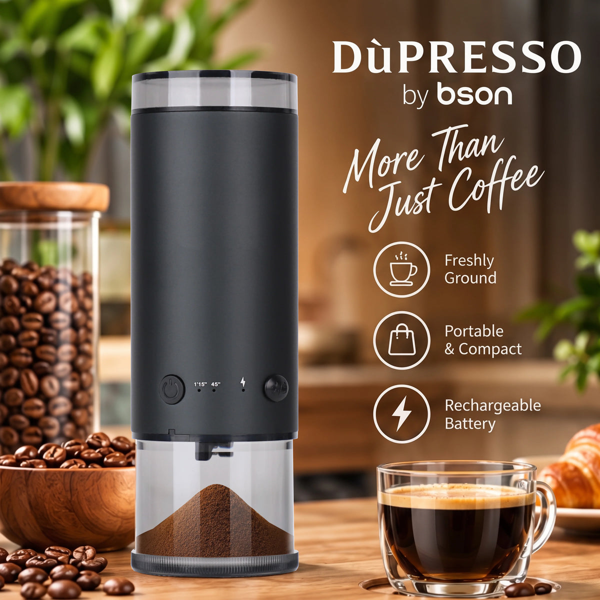 Bson DÙPRESSO Electric Conical Burr Coffee Grinder – Portable 80-Setting Burr Grinder with Type-C Fast Charging, Dual Container Compatibility (70g max capacity), Stainless Steel Burr for Espresso, Pour Over & French Press