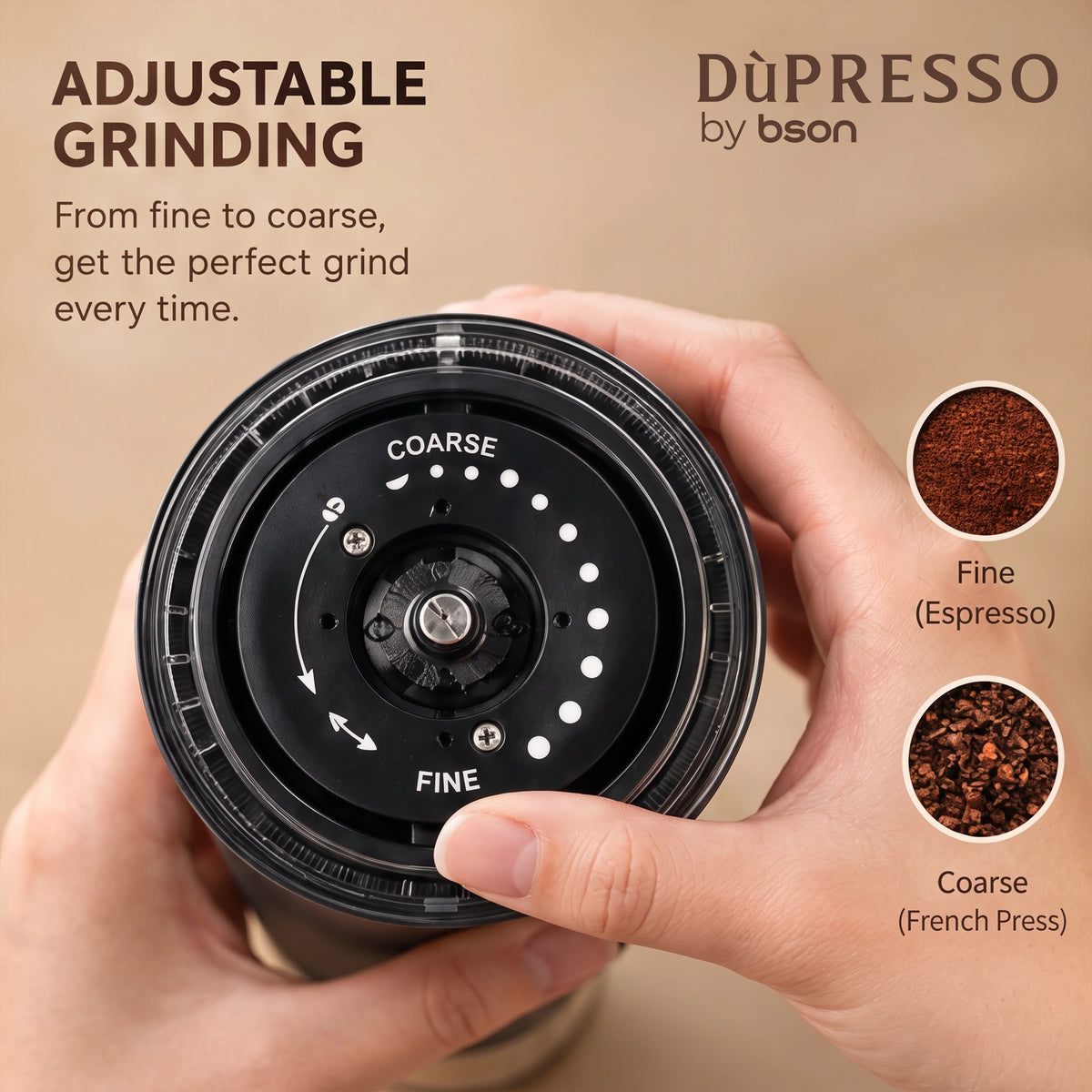 Bson DÙPRESSO Electric Conical Burr Coffee Grinder – Portable 80-Setting Burr Grinder with Type-C Fast Charging, Dual Container Compatibility (70g max capacity), Stainless Steel Burr for Espresso, Pour Over & French Press