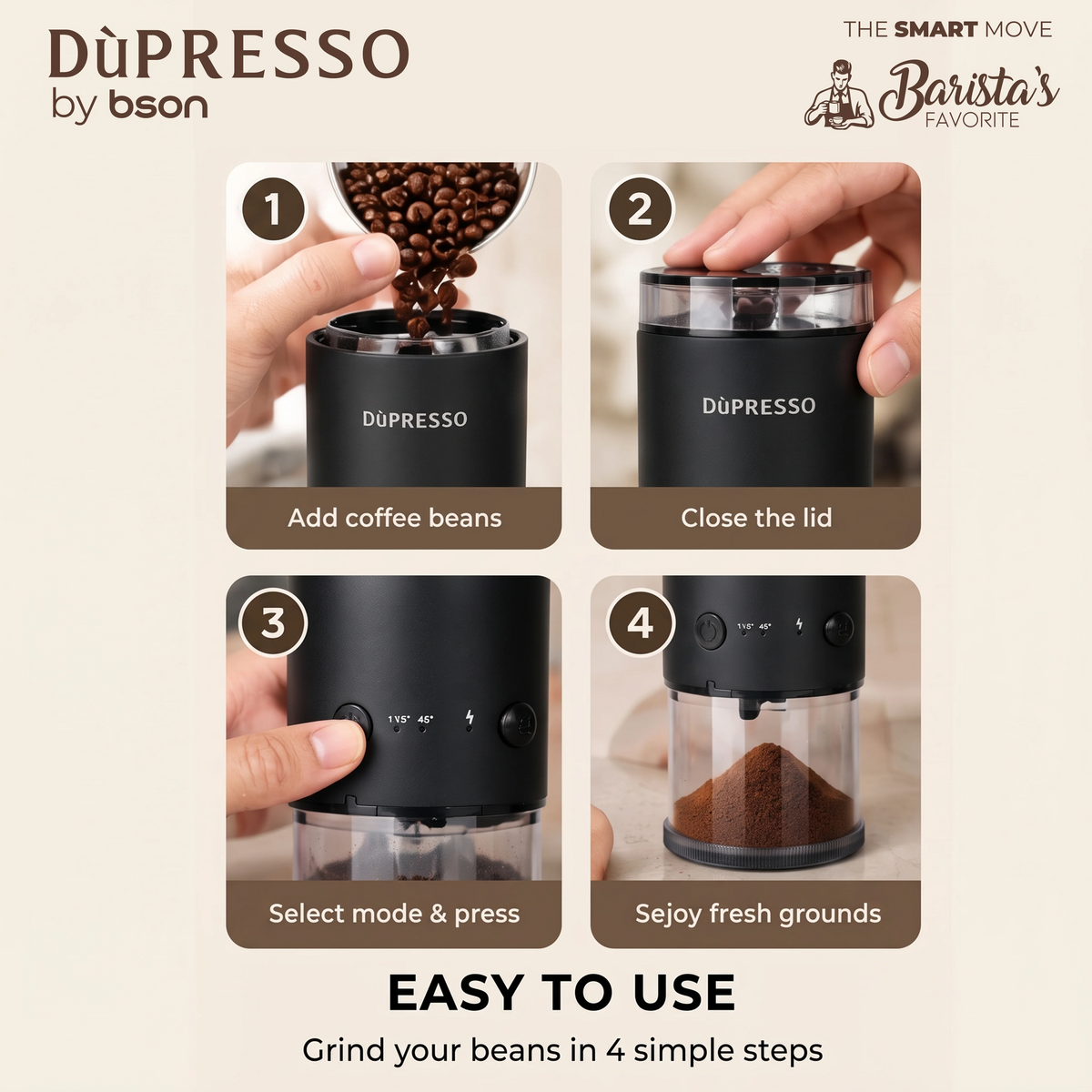 Bson DÙPRESSO Electric Conical Burr Coffee Grinder – Portable 80-Setting Burr Grinder with Type-C Fast Charging, Dual Container Compatibility (70g max capacity), Stainless Steel Burr for Espresso, Pour Over & French Press