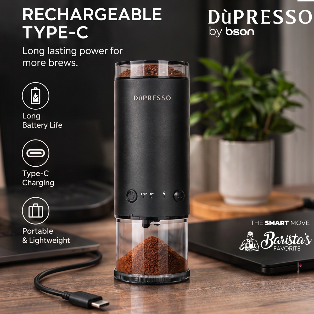 Bson DÙPRESSO Electric Conical Burr Coffee Grinder – Portable 80-Setting Burr Grinder with Type-C Fast Charging, Dual Container Compatibility (70g max capacity), Stainless Steel Burr for Espresso, Pour Over & French Press