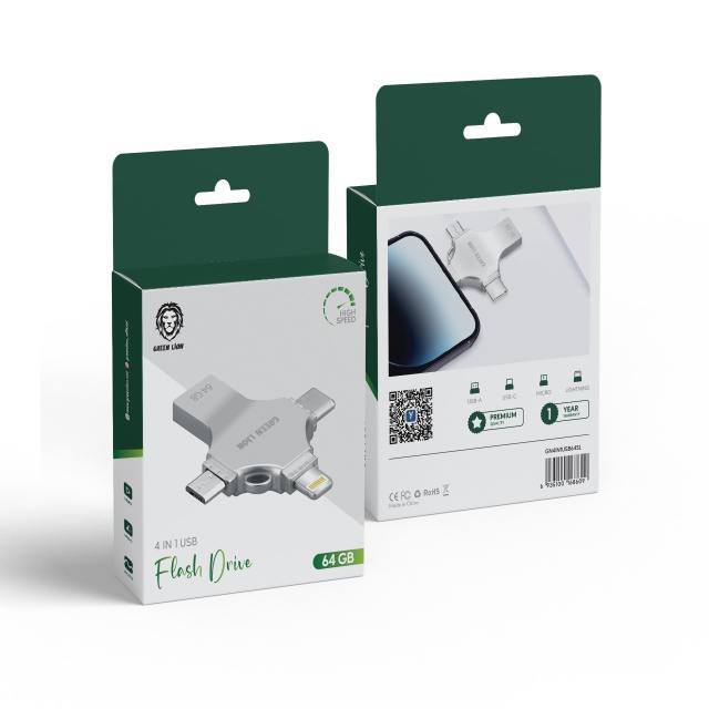 Green Lion 4-in-1 USB Flash Drive 64GB - Silver