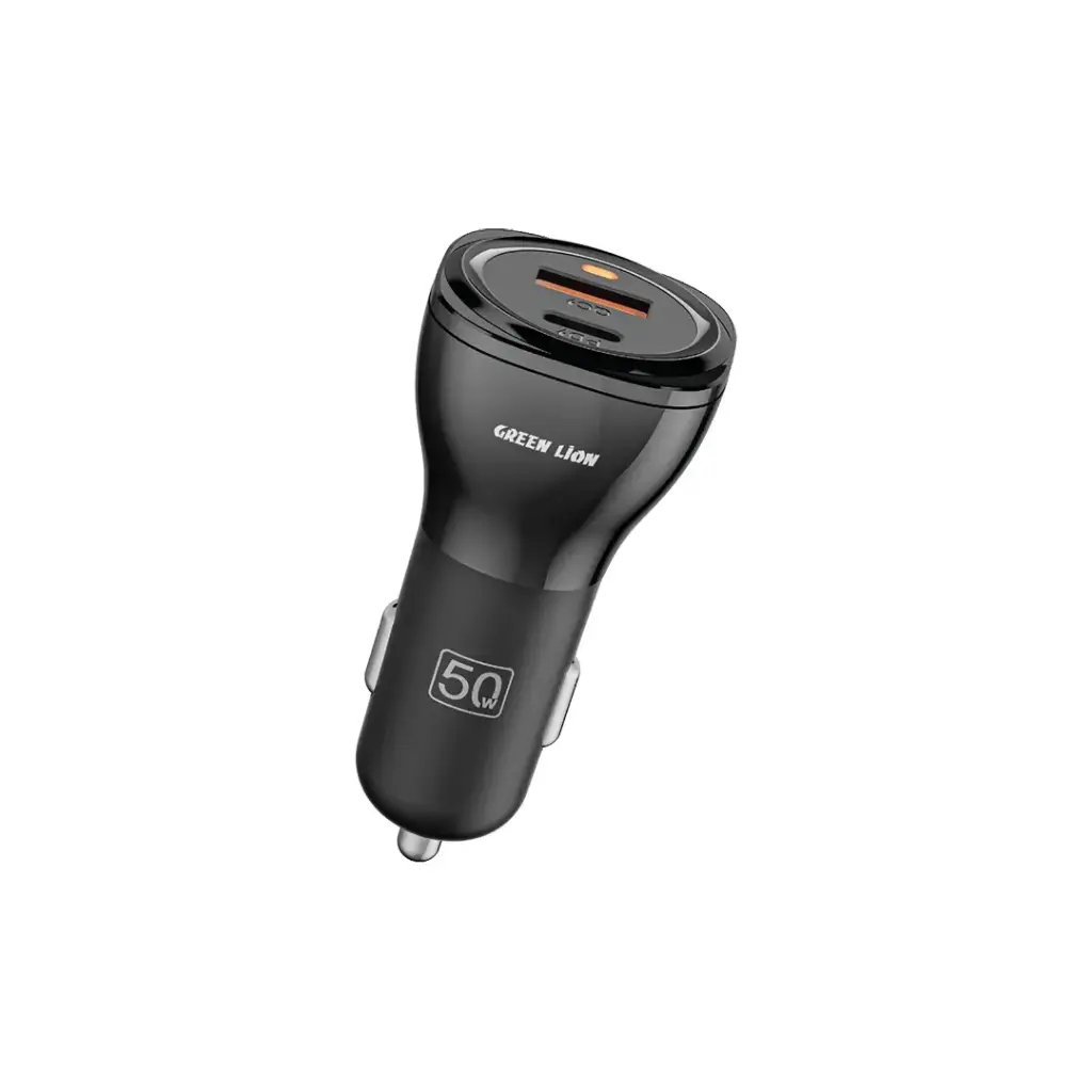 Green Lion Dual Port Car Charger 50W (with C to C / C to L Cable) - Black