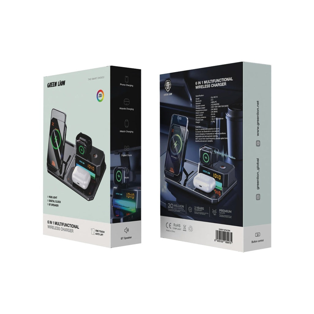GREEN LION 6 IN 1 MULTIFUNCTIONAL WIRLESS CHARGER - BLACK