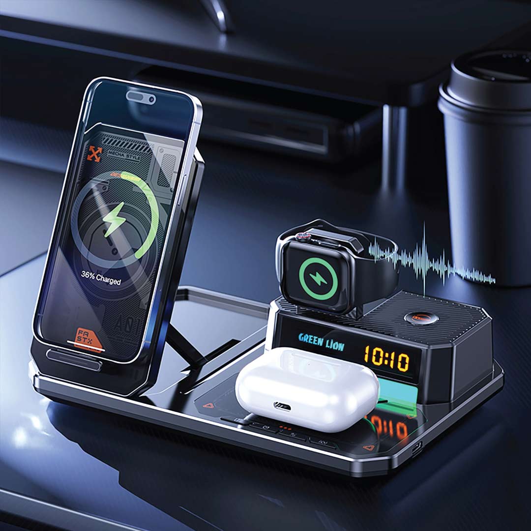 GREEN LION 6 IN 1 MULTIFUNCTIONAL WIRLESS CHARGER - BLACK