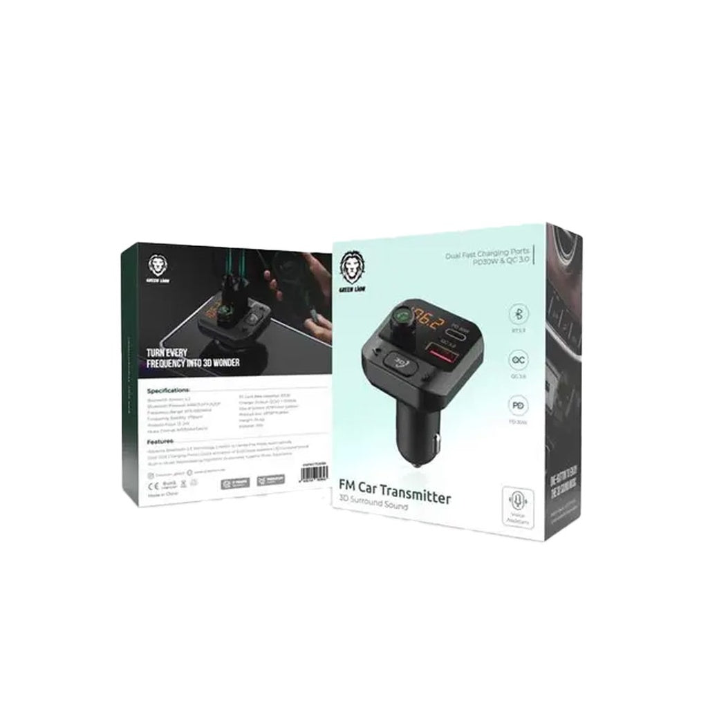 جهاز إرسال إف إم للسيارة Green Lion مع صوت محيطي ثلاثي الأبعاد وشحن سريع PD 30W و QC 3.0 - أسود