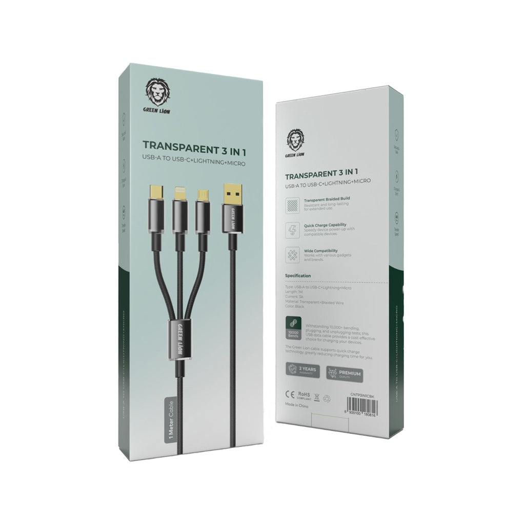 Green Lion Transparent 3 in 1 Braided Cable ( USB-C / Lightning / Micro ) 1M - Black