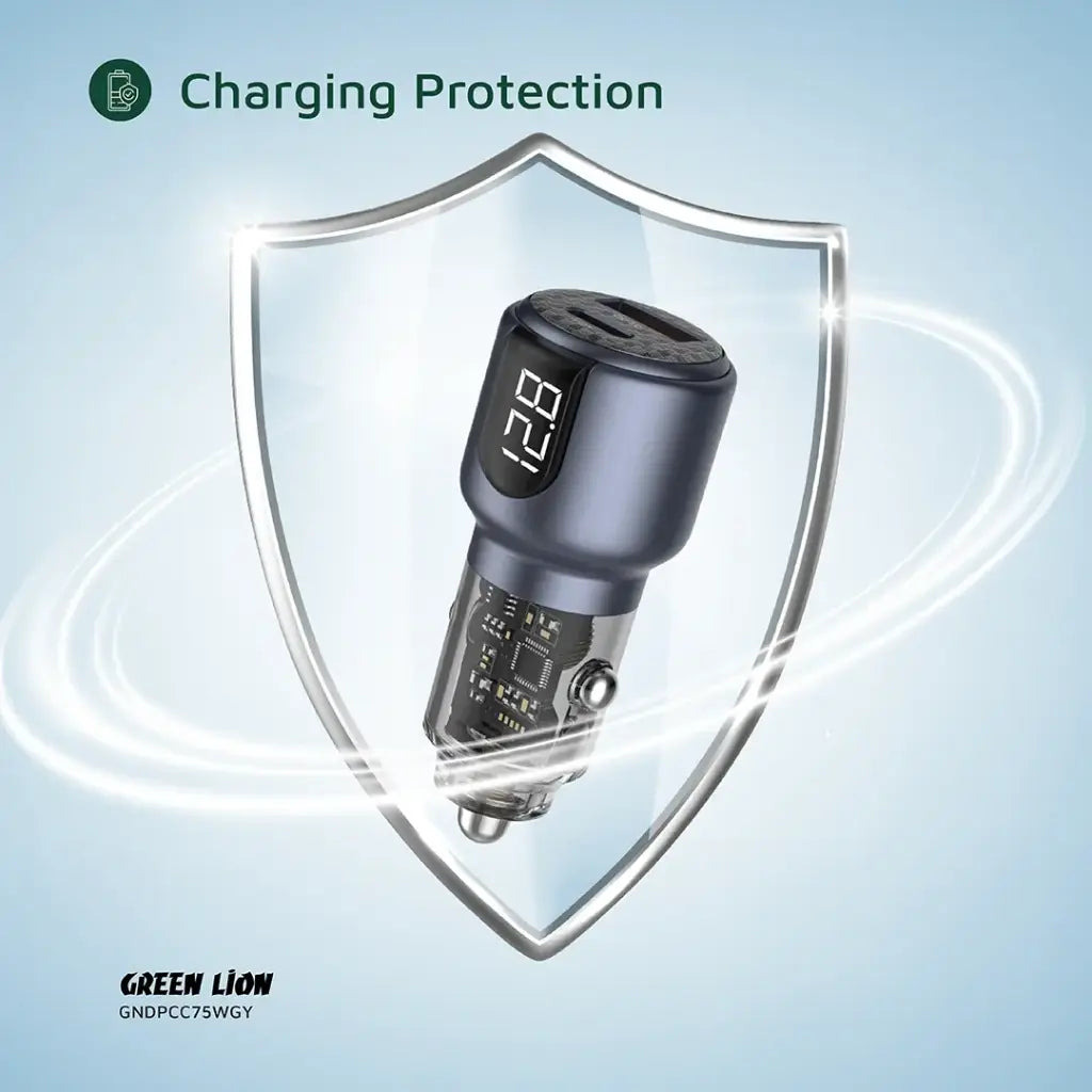Green Lion Dual Port Car Charger PD + QC 75W - Gray