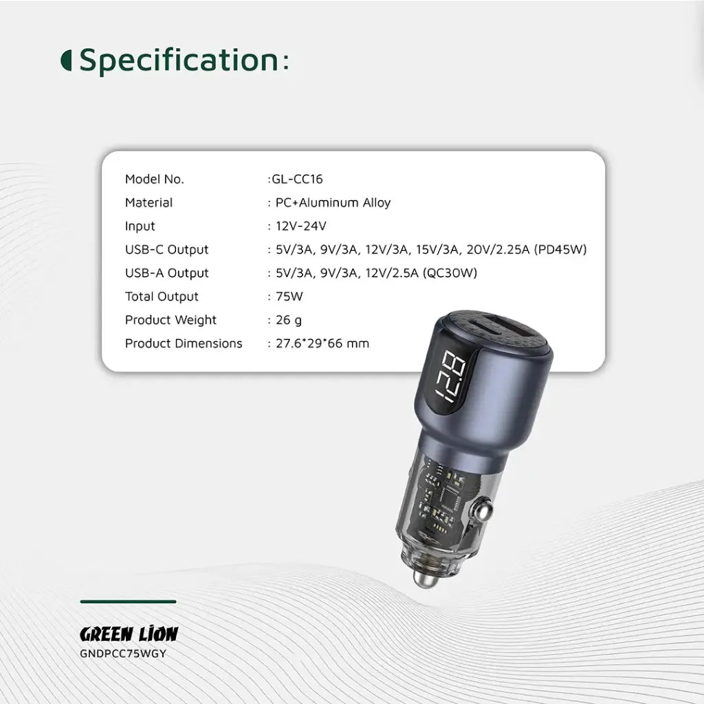 Green Lion Dual Port Car Charger PD + QC 75W - Gray