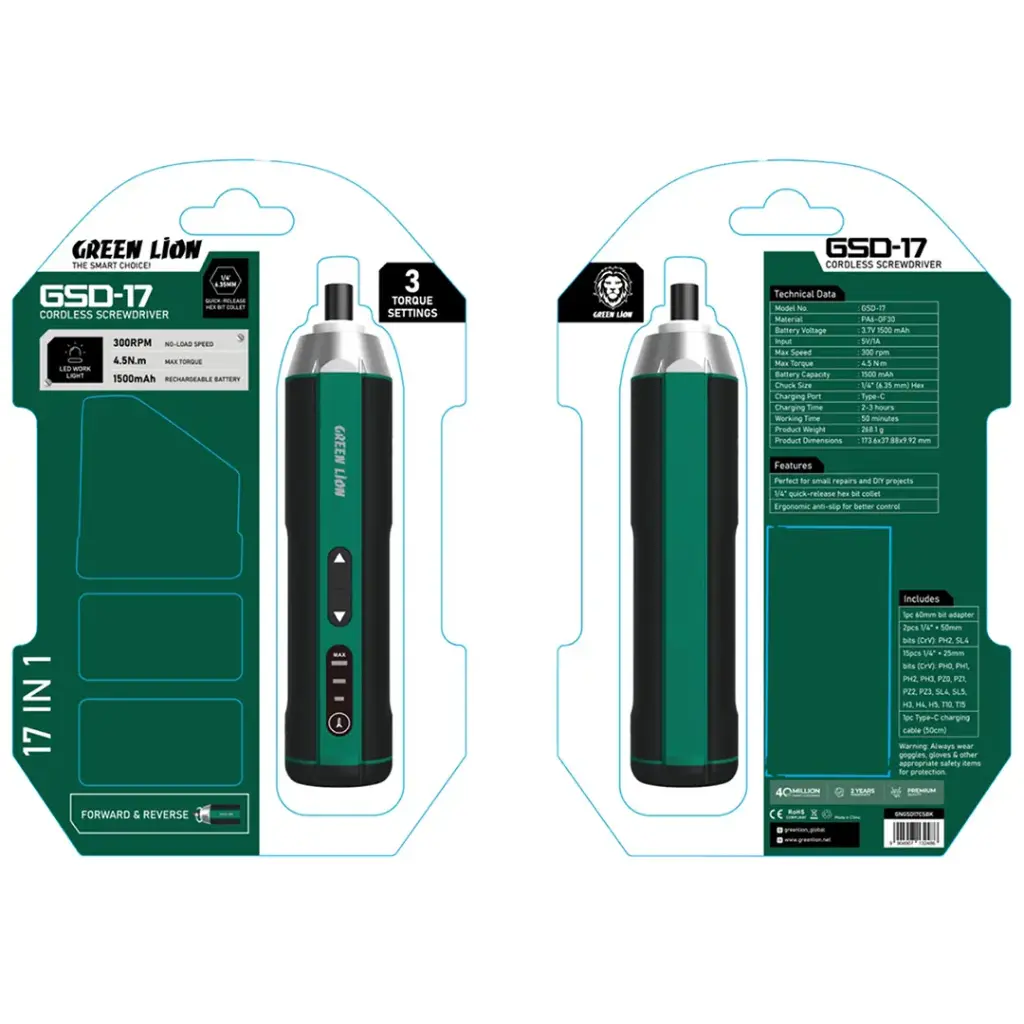 مفك براغي لاسلكي جرين لايون GSD-17 - أسود