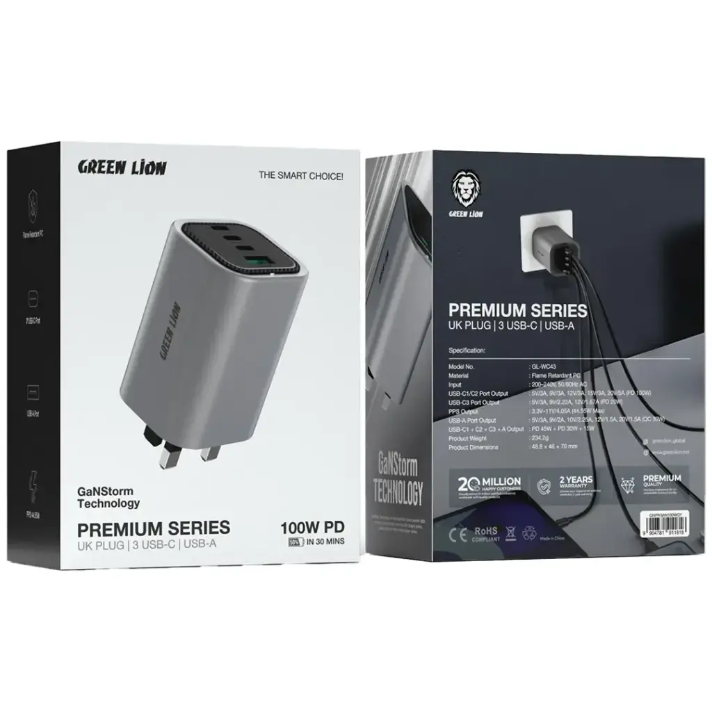 Green Lion Premium Series GaN Charger UK Plug PD 100W - Gray