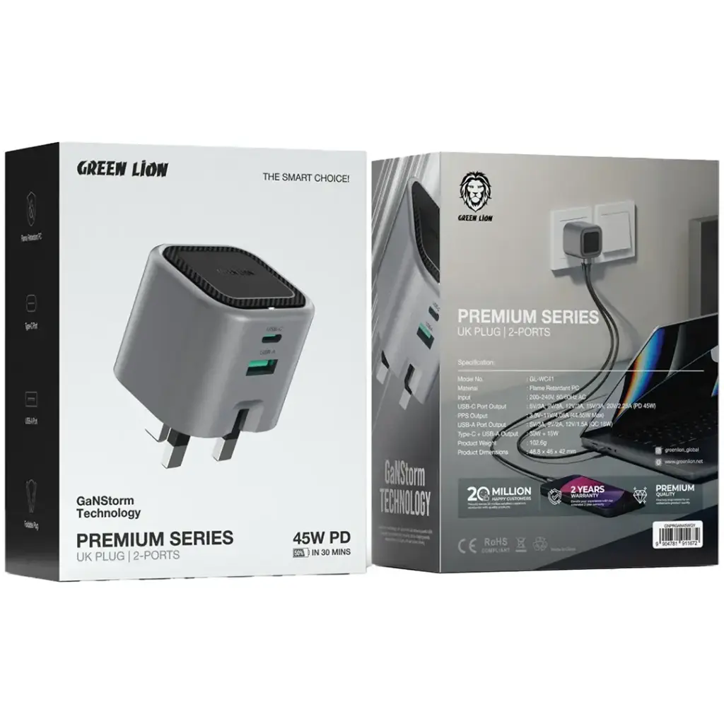 Green Lion Premium Series GaN Charger UK Plug PD 45W - Gray