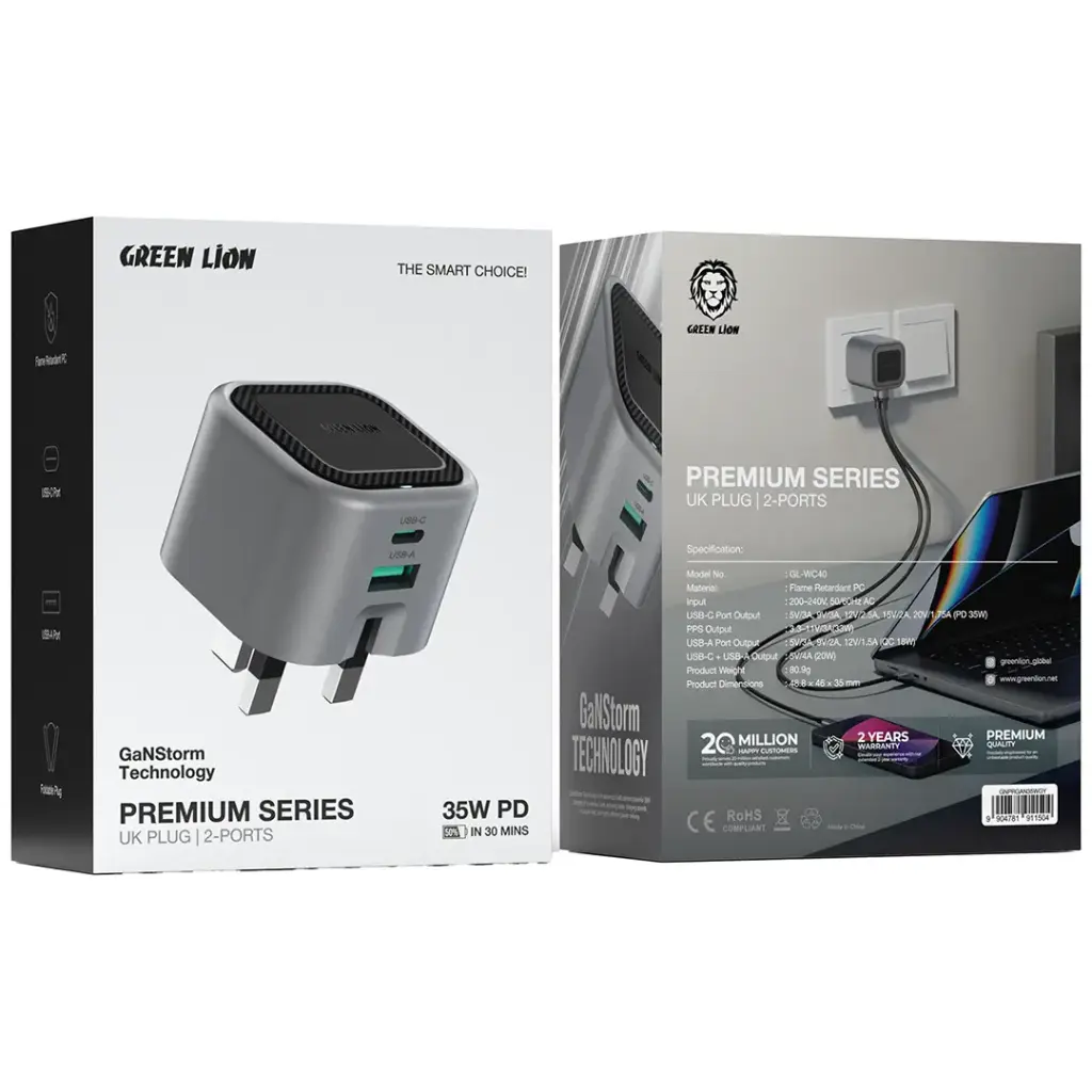 Green Lion Premium Series GaN Charger UK Plug PD 35W - Gray