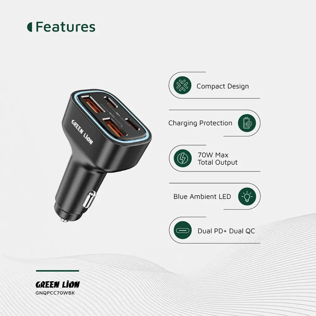 Green Lion Quad Port 70W Car Charger - Black