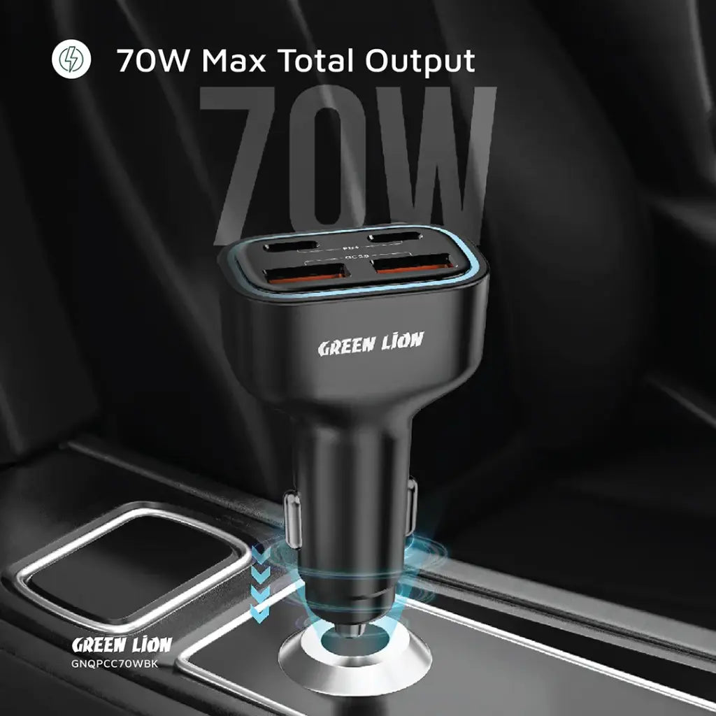 Green Lion Quad Port 70W Car Charger - Black