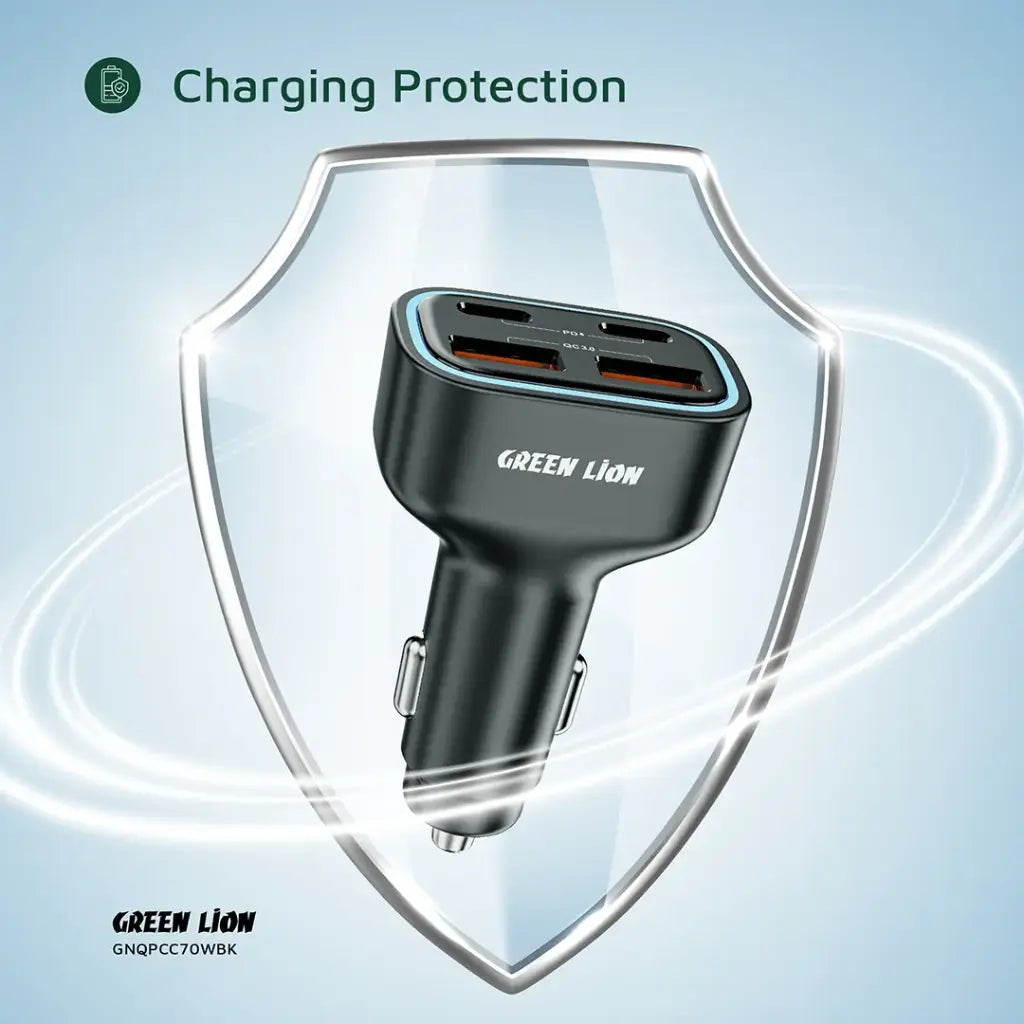 Green Lion Quad Port 70W Car Charger - Black