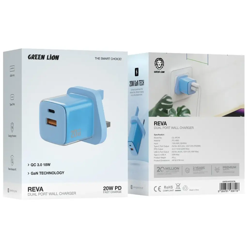 Green Lion Reva Dual Port Wall Charger 20W - PINK