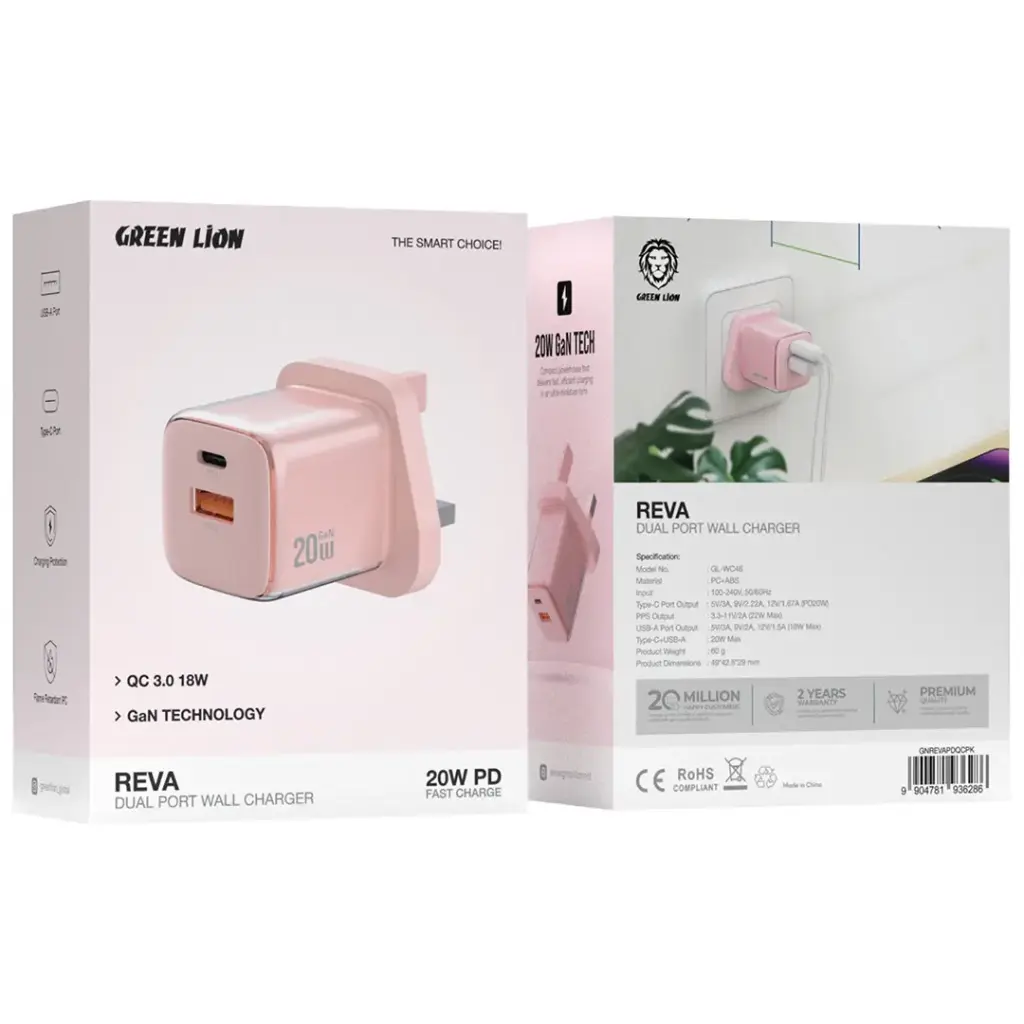 Green Lion Reva Dual Port Wall Charger 20W - PINK