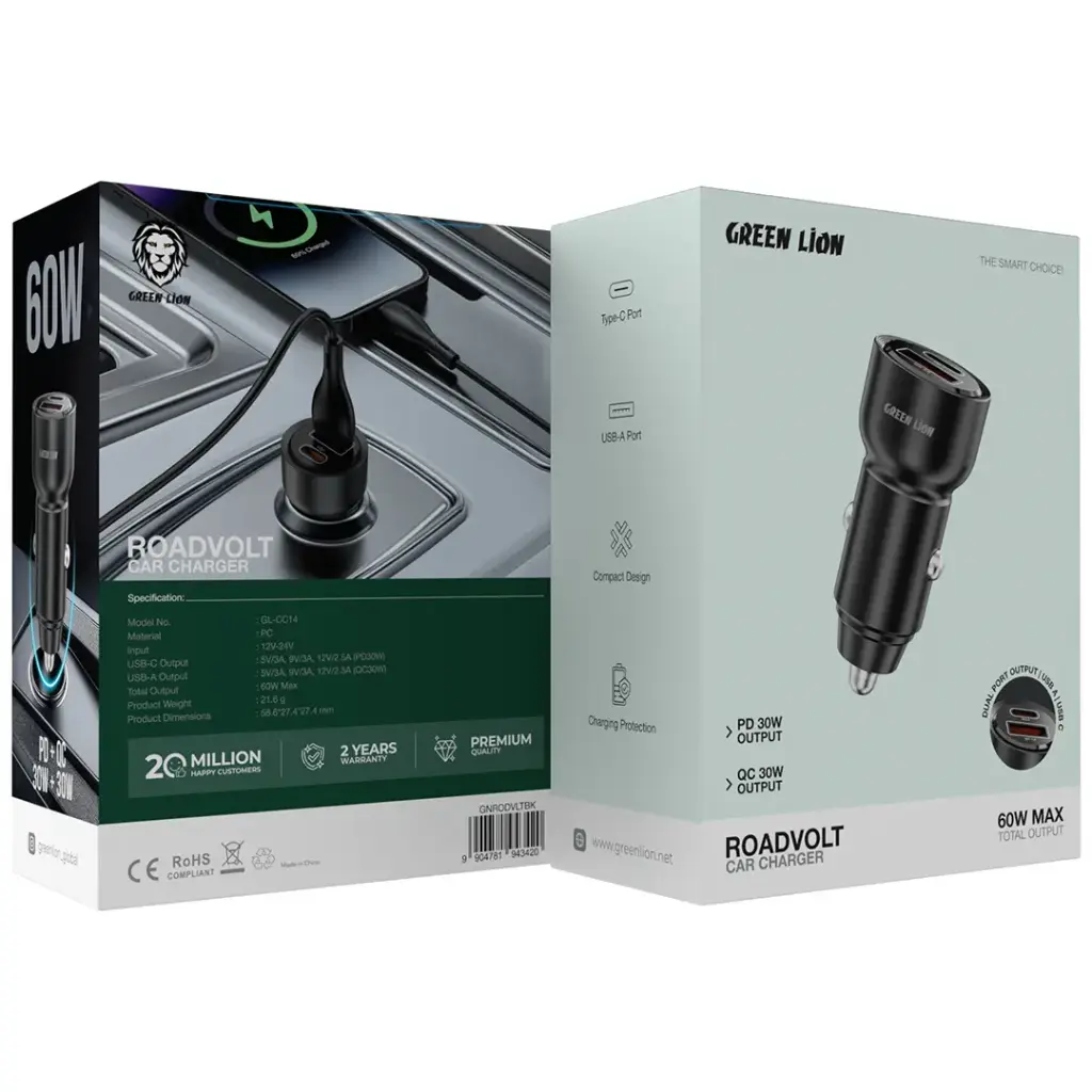 Green Lion RoadVolt Car Charger PD + QC 60W - Black