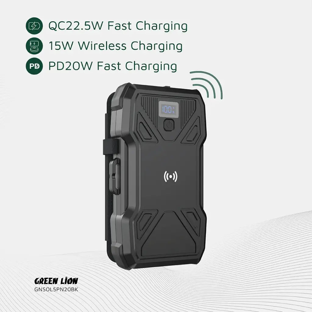 بنك الطاقة جرين ليون سولار 5-Panel 20000mAh PD20W - أسود