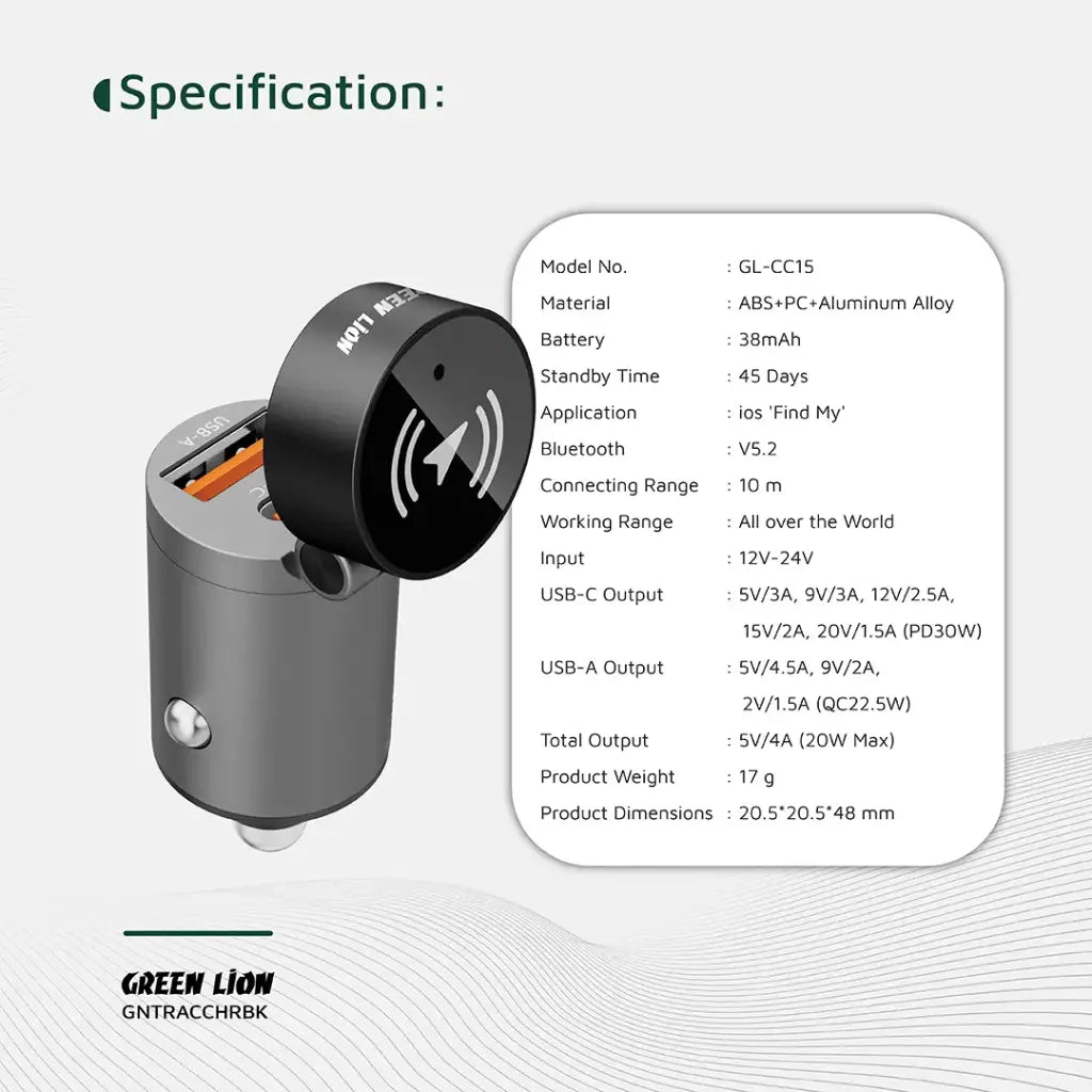 Green Lion Tracker Dual Port Car Charger - Black