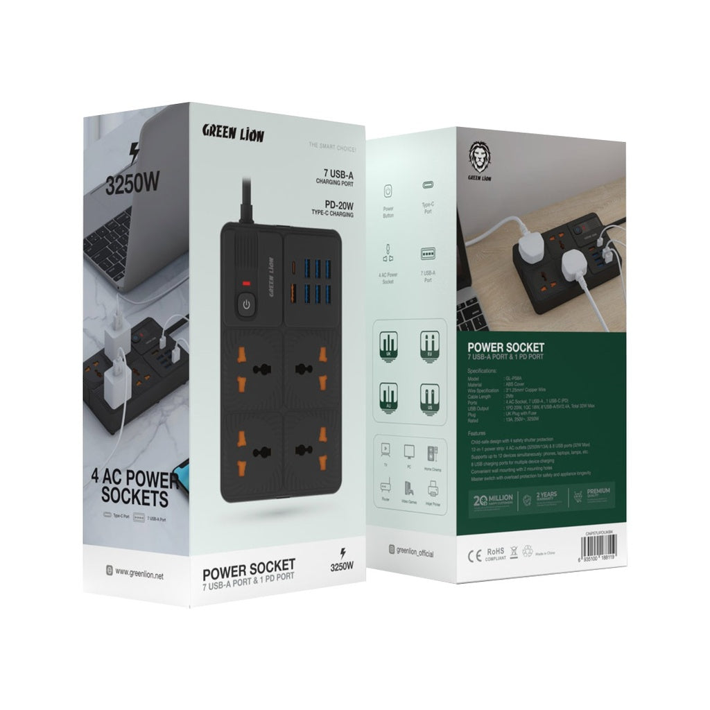 GREEN LION POWER SOCKET 7 USB -APORT& 1PD PORT
