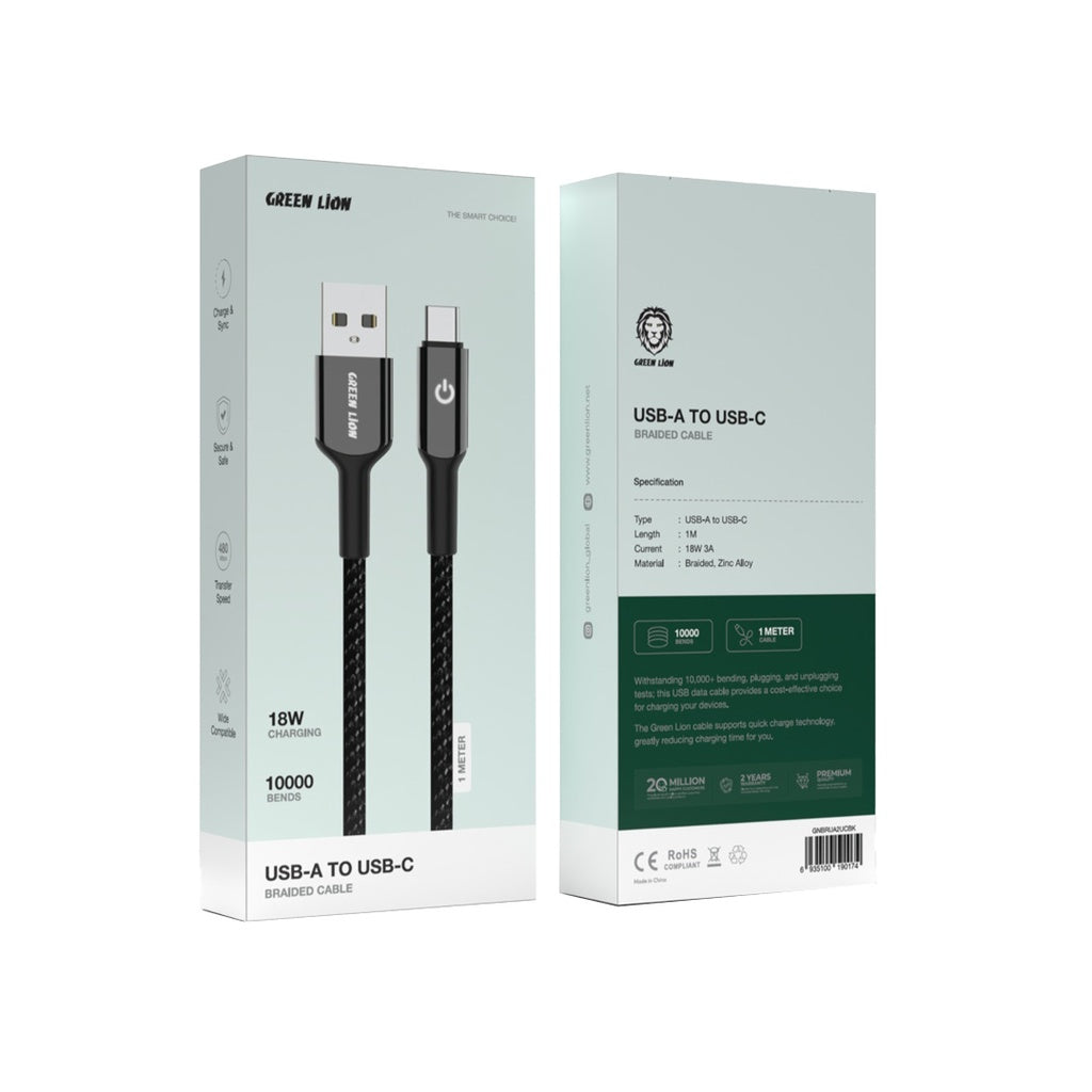 كيبل Green Lion مضفر USB-A إلى USB-C - أسود