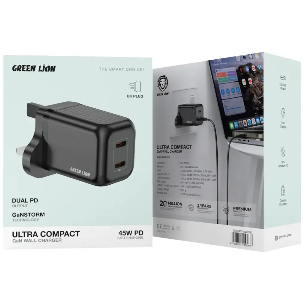Green Lion Ultra Compact GaN Wall Charger Dual PD 45W - Black