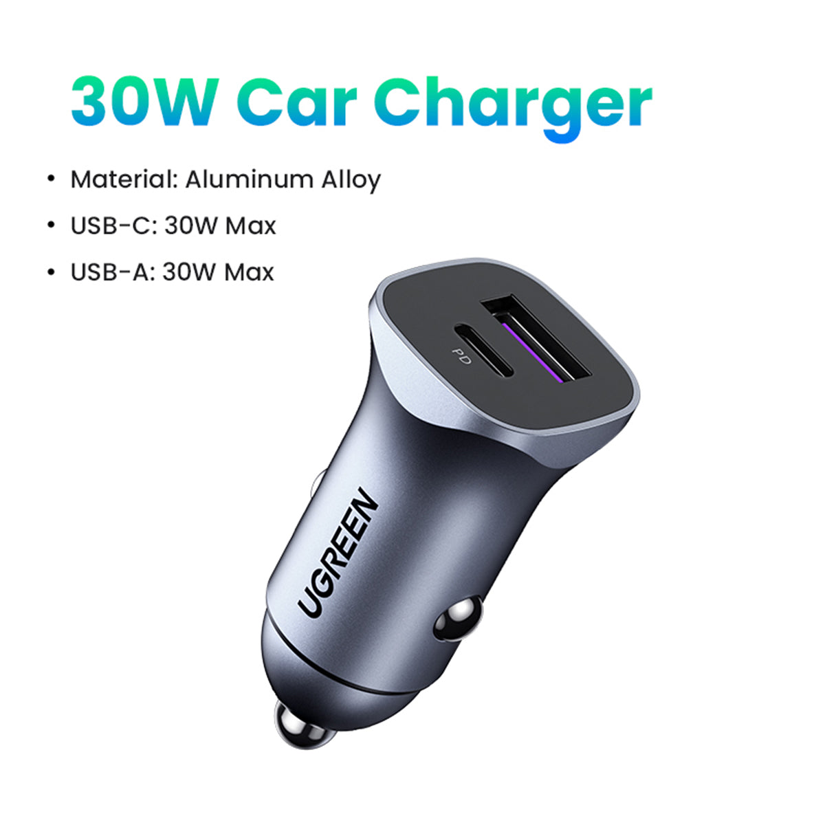 Ugreen 2-Port 30W Fast Car Charger - Grey