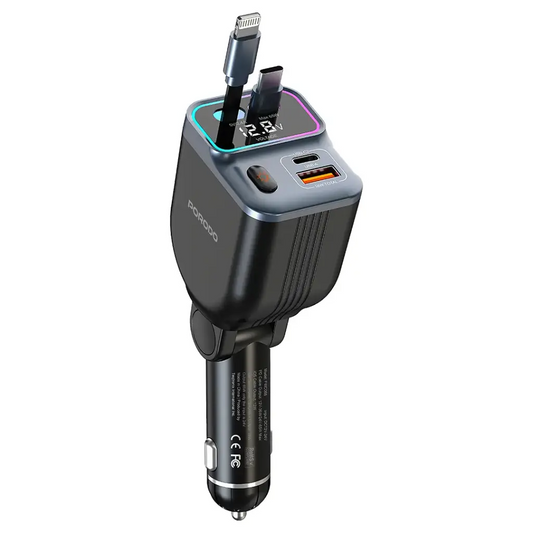 Porodo 65W Car Charger Dual Retractable Cable - Black
