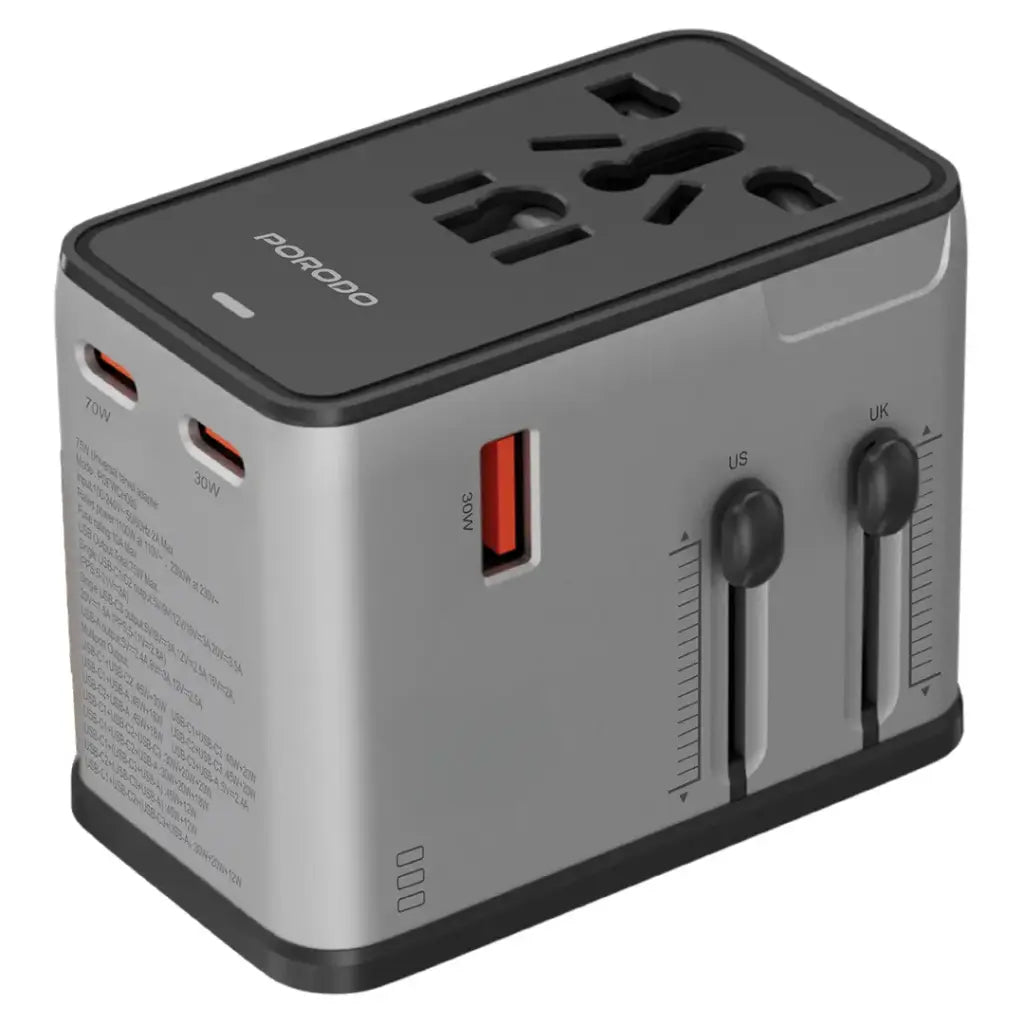 Porodo Mega Volt Universal Travel Adapter - Silver Black
