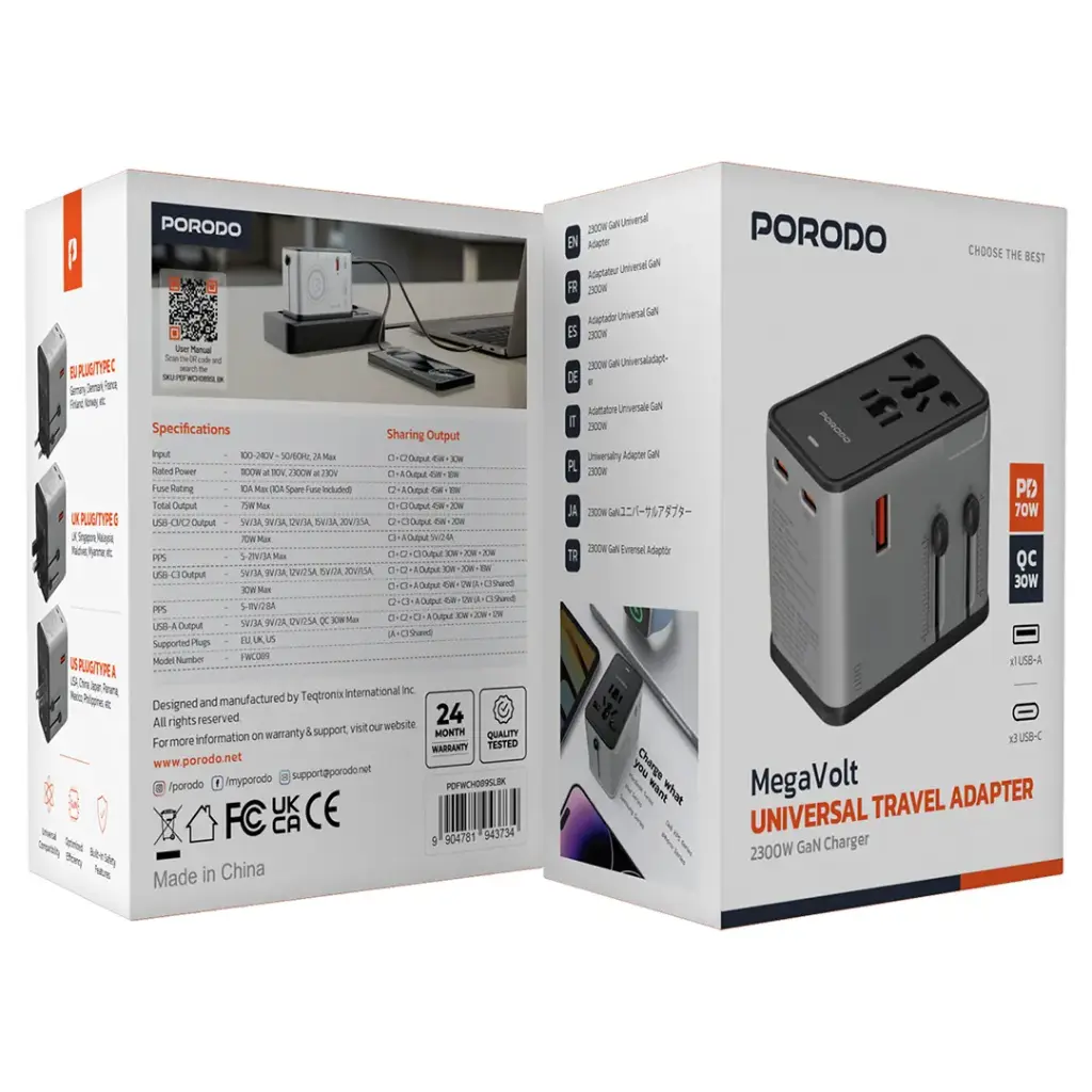 Porodo Mega Volt Universal Travel Adapter - Silver Black