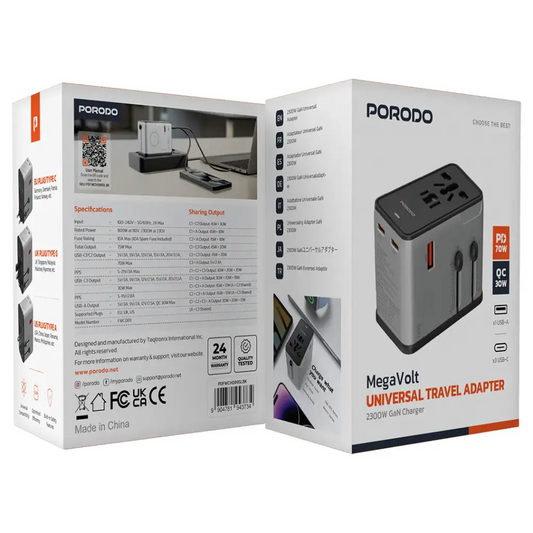 Porodo Mega Volt Universal Travel Adapter - Silver Black