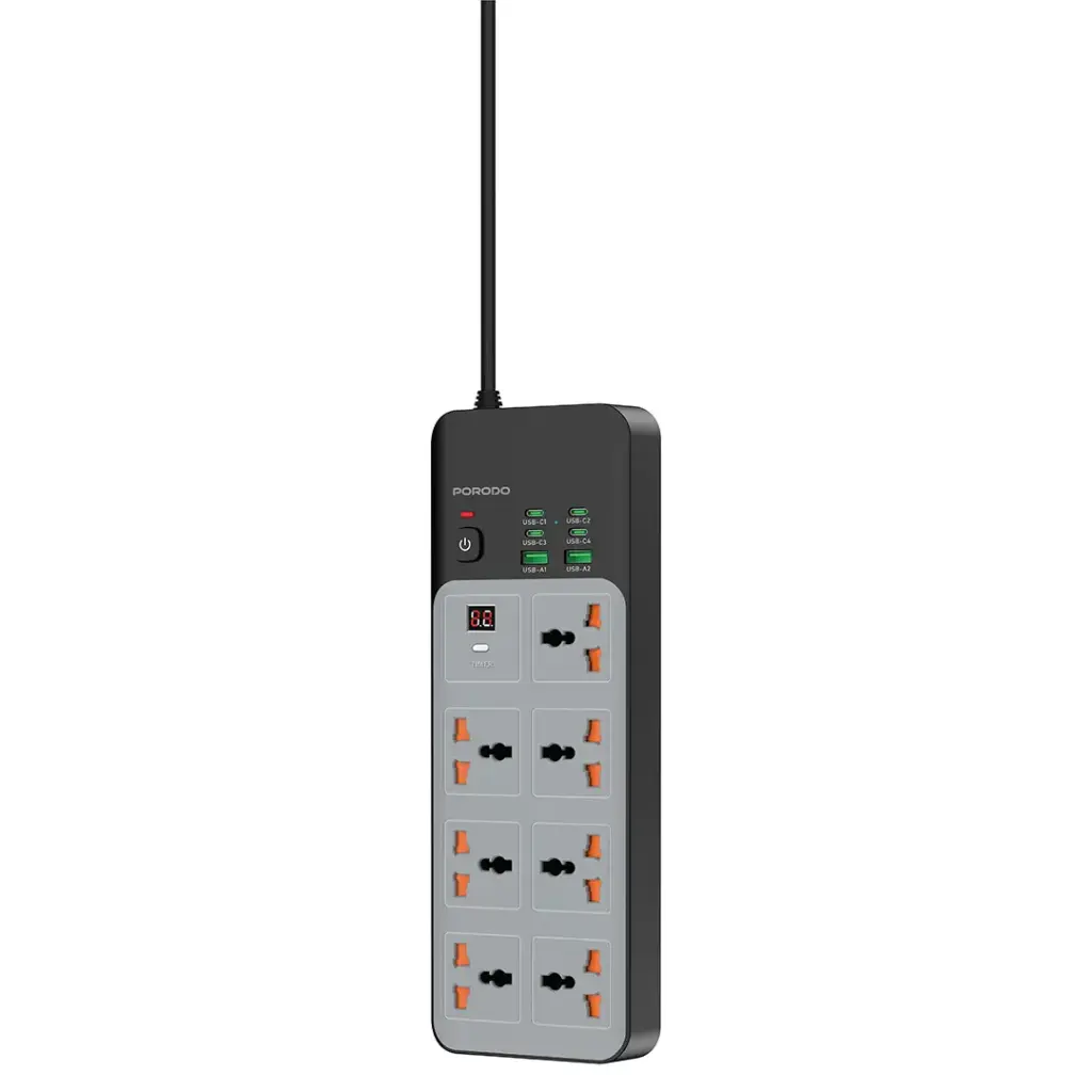 Porodo 3000W | 7AC Universal Power Strip with 6 USB Ports (4C + 2A) - Gray