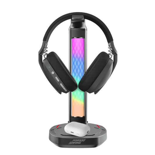 Porodo Gaming RGB Headphone Stand, Wireless Charging & USB-C Hub with Screen Lamp 5