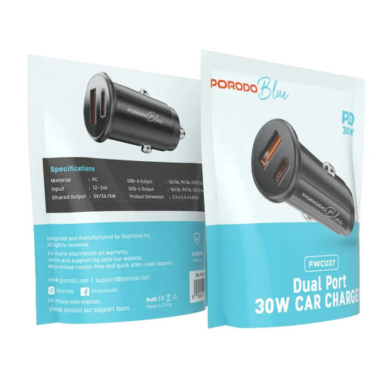 Porodo Blue Dual Port 30W Car Charger - Black