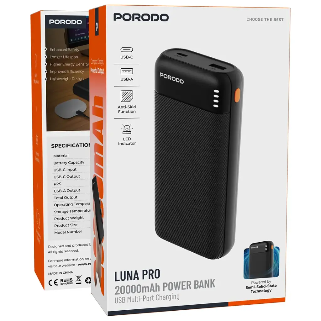 Porodo Luna Pro Power Bank with USB Multi-Port Charging - Black 20000mah