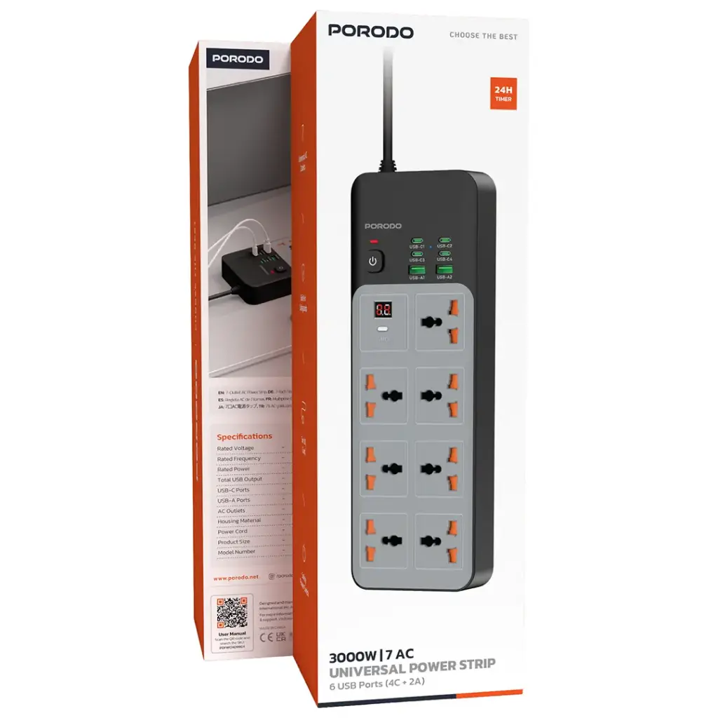 Porodo 3000W | 7AC Universal Power Strip with 6 USB Ports (4C + 2A) - Gray