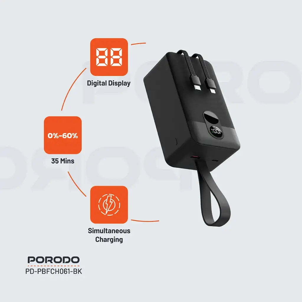 Porodo 50000mAh Power Bank Integrated Cables - Black