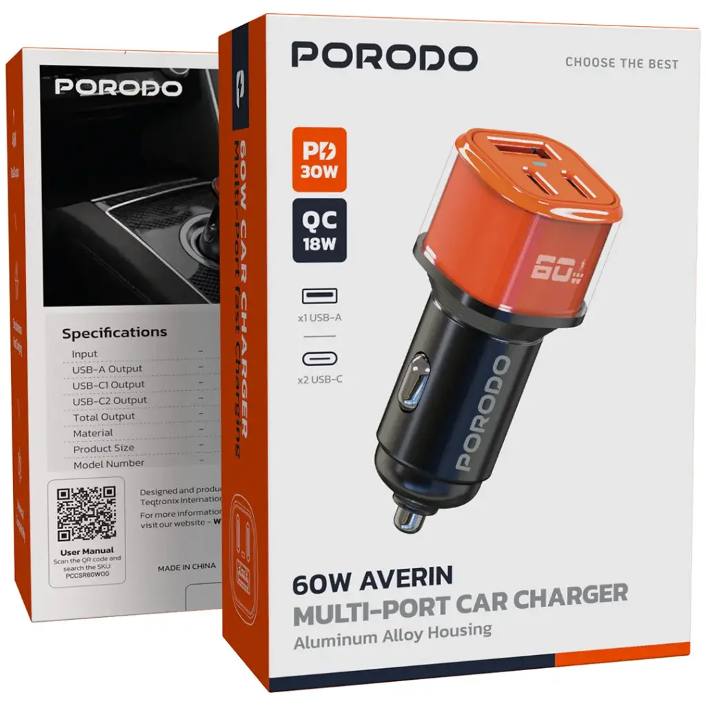 Porodo 60W Averin Multi-Port Car Charger with Aluminum Alloy Housing - Orange