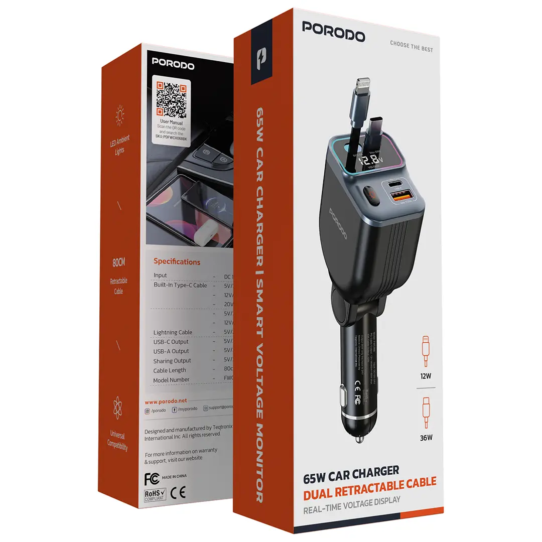 Porodo 65W Car Charger Dual Retractable Cable - Black
