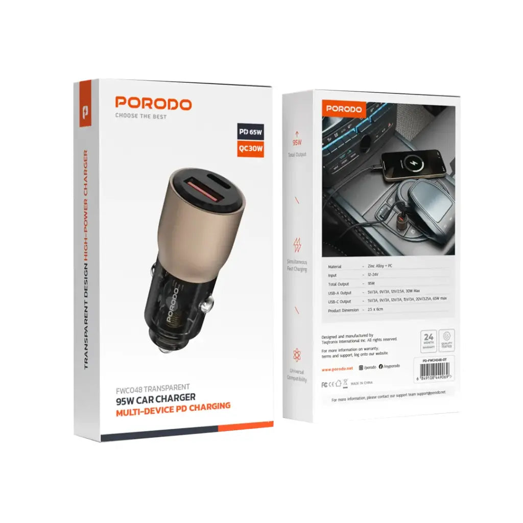 Porodo 95W Car Charger Transparent Multi-Device PD Charging