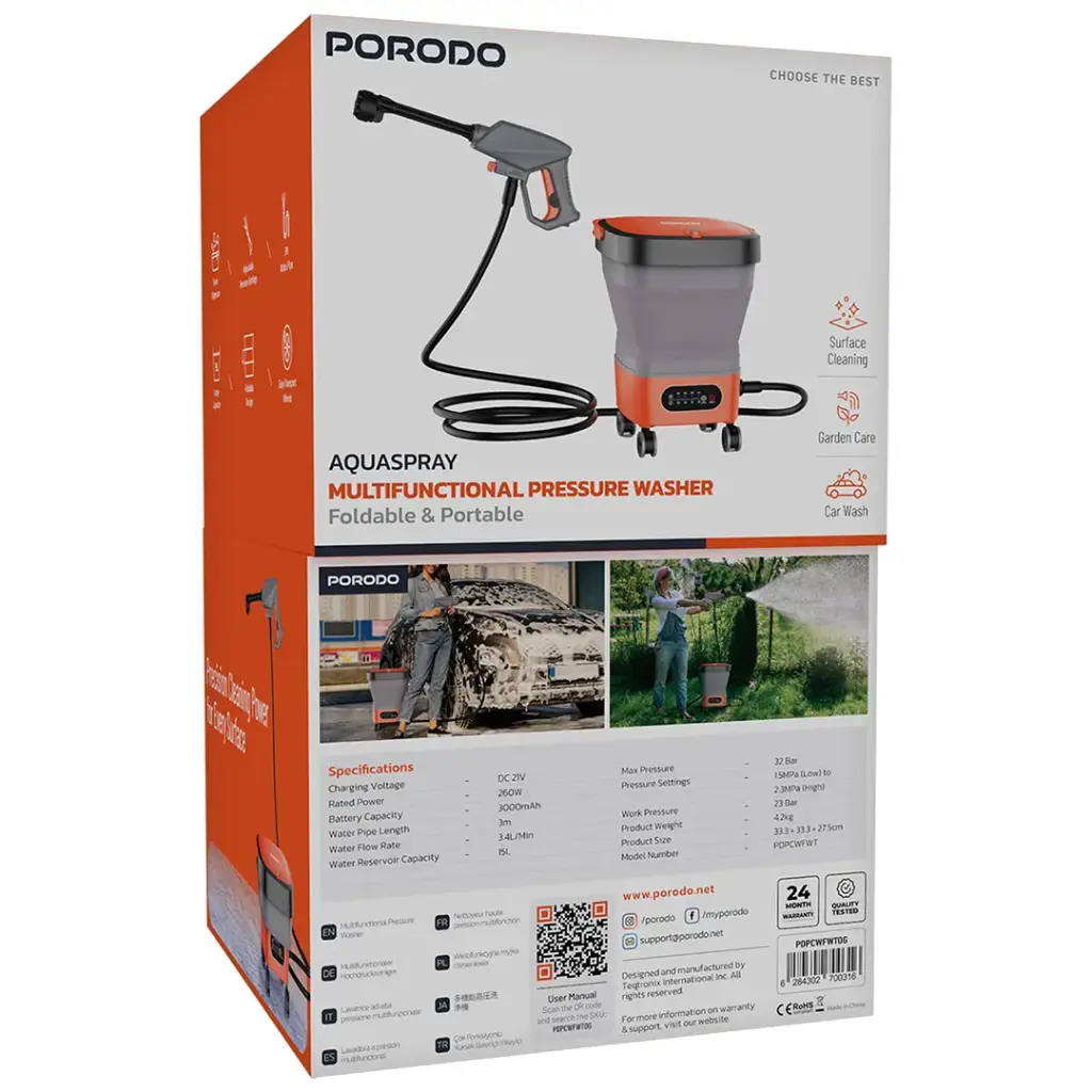Porodo Aquaspray Multifunctional Pressure Washer - Orange